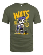 Radical Skater Skeleton WATS Graffiti Street Style Tshirt - military green t-shirt on white background