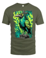 Sinister Raven Green Flame Cross Gothic Graphic Tshirt - military green t-shirt on white background