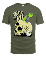 Daring Skate Or Die Skull Green Wheels Graphic Retro Tshirt - military green t-shirt on white background