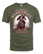 Wiener Rage Dachshund Barbarian Funny DandD Fantasy Tshirt - military green t-shirt on white background