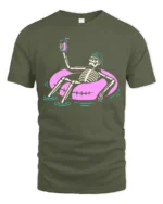 Chilled Summer Skeleton Floating Pink Tube Graphic Tshirt - military green t-shirt on white background