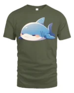 Adorable Grumpy Shark Chibi Blue Aquatic Graphic Tshirt - military green t-shirt on white background
