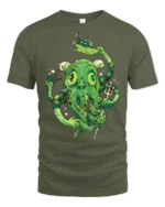 Sophisticated Sea Monster Kraken Trident Graphic Tshirt - military green t-shirt on white background