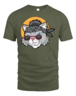 Rockstar Rebel Cat Bandana Sunglasses Retro Graphic Tshirt - military green t-shirt on white background