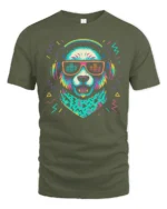 Funky Retro Panda DJ Headphones Music Beat Graphic Tshirt - military green t-shirt on white background