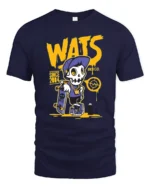 Radical Skater Skeleton WATS Graffiti Street Style Tshirt - navy t-shirt on white background