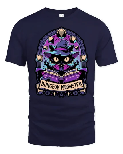 Magical Wizard Cat Dungeon Meowster RPG Dice Graphic Tshirt - navy t-shirt on white background
