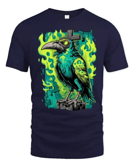 Sinister Raven Green Flame Cross Gothic Graphic Tshirt - navy t-shirt on white background