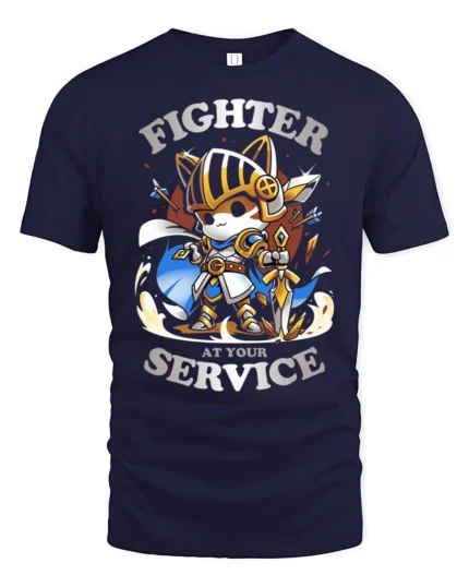 Brave Knight Kitten Fighter At Your Service Graphic Tshirt - navy t-shirt on white background