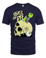 Daring Skate Or Die Skull Green Wheels Graphic Retro Tshirt - navy t-shirt on white background
