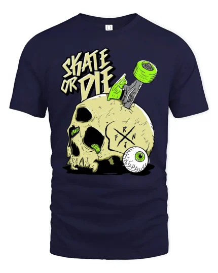 Daring Skate Or Die Skull Green Wheels Graphic Retro Tshirt - navy t-shirt on white background