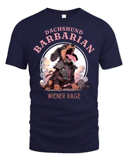 Wiener Rage Dachshund Barbarian Funny DandD Fantasy Tshirt - navy t-shirt on white background