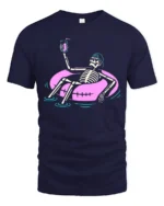 Chilled Summer Skeleton Floating Pink Tube Graphic Tshirt - navy t-shirt on white background