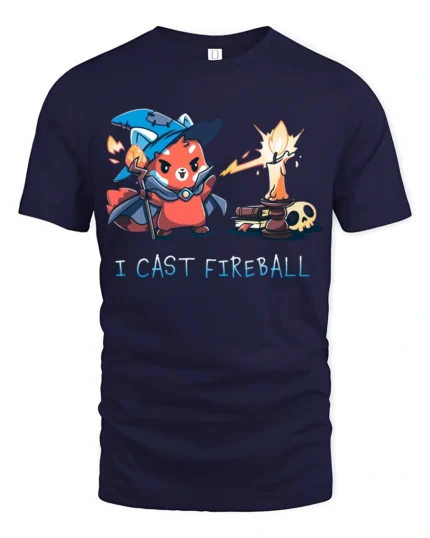 Brave Red Panda Wizard I Cast Fireball Graphic Tshirt - navy t-shirt on white background