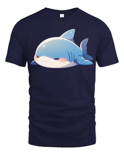 Adorable Grumpy Shark Chibi Blue Aquatic Graphic Tshirt - navy t-shirt on white background