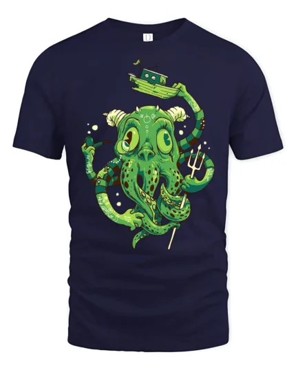 Sophisticated Sea Monster Kraken Trident Graphic Tshirt - navy t-shirt on white background