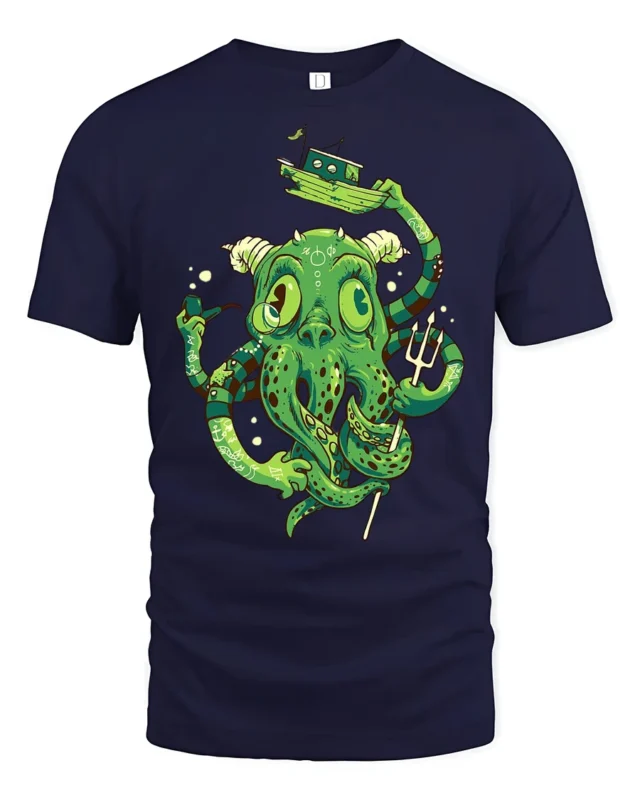 Sophisticated Sea Monster Kraken Trident Graphic Tshirt - navy t-shirt on white background