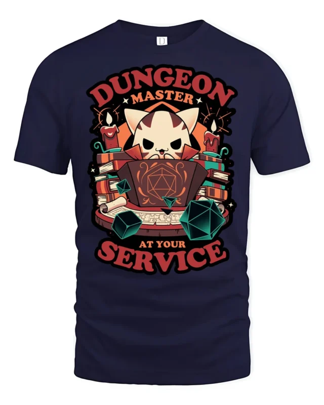 Cute Cat Dungeon Master RPG Dice Tabletop Graphic Tshirt - navy t-shirt on white background