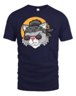Rockstar Rebel Cat Bandana Sunglasses Retro Graphic Tshirt - navy t-shirt on white background