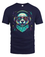Funky Retro Panda DJ Headphones Music Beat Graphic Tshirt - navy t-shirt on white background