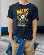 Radical Skater Skeleton WATS Graffiti Street Style Tshirt - model wearing navy tee with hands in pockets