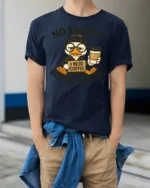 Grumpy Duck Coffee First No Talkie Relatable Tshirt - model wearing navy tee with hands in pockets
