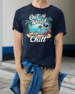 Tropical Blue Alien Out Of This World Chill Beach Tshirt - model wearing navy tee with hands in pockets