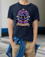 Magical Wizard Cat Dungeon Meowster RPG Dice Graphic Tshirt - model wearing navy tee with hands in pockets