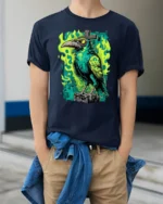 Sinister Raven Green Flame Cross Gothic Graphic Tshirt - model wearing navy tee with hands in pockets