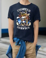 Brave Knight Kitten Fighter At Your Service Graphic Tshirt - model wearing navy tee with hands in pockets