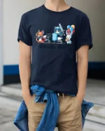 Mismatched Rabbit Hero Quest Wrong Party Graphic Tshirt - model wearing navy tee with hands in pockets