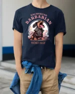 Wiener Rage Dachshund Barbarian Funny DandD Fantasy Tshirt - model wearing navy tee with hands in pockets