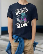 Sarcastic Alien Internet Connection Slow Graphic Tshirt - model wearing navy tee with hands in pockets