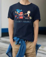 Brave Red Panda Wizard I Cast Fireball Graphic Tshirt - model wearing navy tee with hands in pockets
