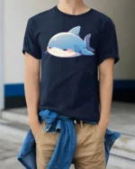 Adorable Grumpy Shark Chibi Blue Aquatic Graphic Tshirt - model wearing navy tee with hands in pockets