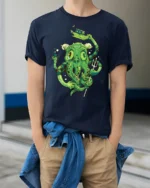 Sophisticated Sea Monster Kraken Trident Graphic Tshirt - model wearing navy tee with hands in pockets