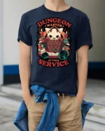 Cute Cat Dungeon Master RPG Dice Tabletop Graphic Tshirt - model wearing navy tee with hands in pockets