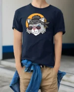Rockstar Rebel Cat Bandana Sunglasses Retro Graphic Tshirt - model wearing navy tee with hands in pockets