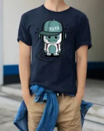 Groovy Music Yeti Headphones Blue Monster Graphic Tshirt - model wearing navy tee with hands in pockets