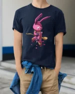 Gutsy Patchwork Rabbit Warrior Graphic Cotton Tshirt - model wearing navy tee with hands in pockets