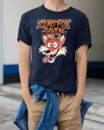 Sarcastic Zero Fox Given Funny Cartoon Animal Graphic Tshirt - model wearing navy tee with hands in pockets