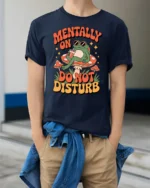 Relaxing Frog Mushroom Mentally On Do Not Disturb Tshirt - model wearing navy tee with hands in pockets