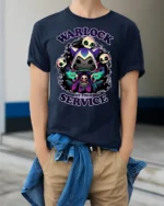 Mystic Shadow Cat Warlock Skulls Magic Graphic Soft Tshirt - model wearing navy tee with hands in pockets
