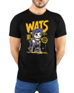 Radical Skater Skeleton WATS Graffiti Street Style Tshirt - model wearing black tee with hands behind back
