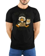Grumpy Duck Coffee First No Talkie Relatable Tshirt - model wearing black tee with hands behind back