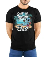 Tropical Blue Alien Out Of This World Chill Beach Tshirt - model wearing black tee with hands behind back