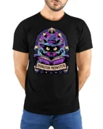 Magical Wizard Cat Dungeon Meowster RPG Dice Graphic Tshirt - model wearing black tee with hands behind back