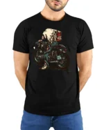 Catchy Skeleton Biker Ride Die Retro Graphic Tshirt - model wearing black tee with hands behind back