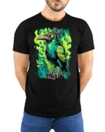 Sinister Raven Green Flame Cross Gothic Graphic Tshirt - model wearing black tee with hands behind back
