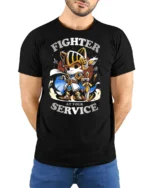 Brave Knight Kitten Fighter At Your Service Graphic Tshirt - model wearing black tee with hands behind back
